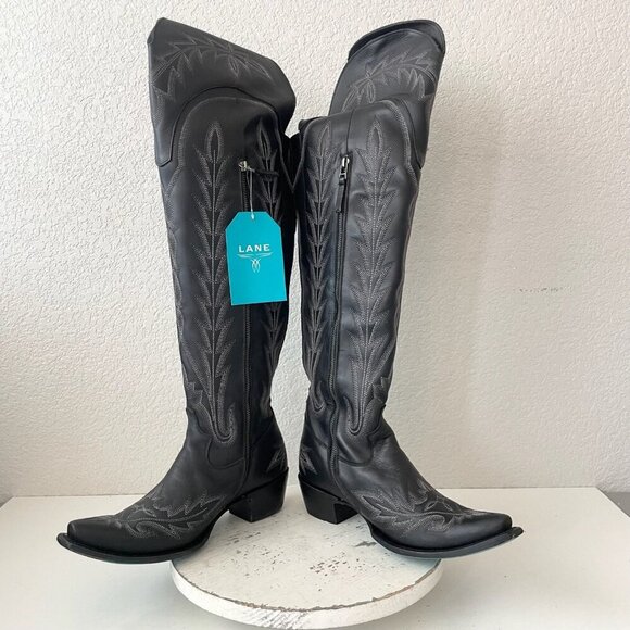 Lane LEXINGTON Knee High Womens Cowboy Boots 10 Jet Black Western Cowgirl Tall - Picture 7 of 11